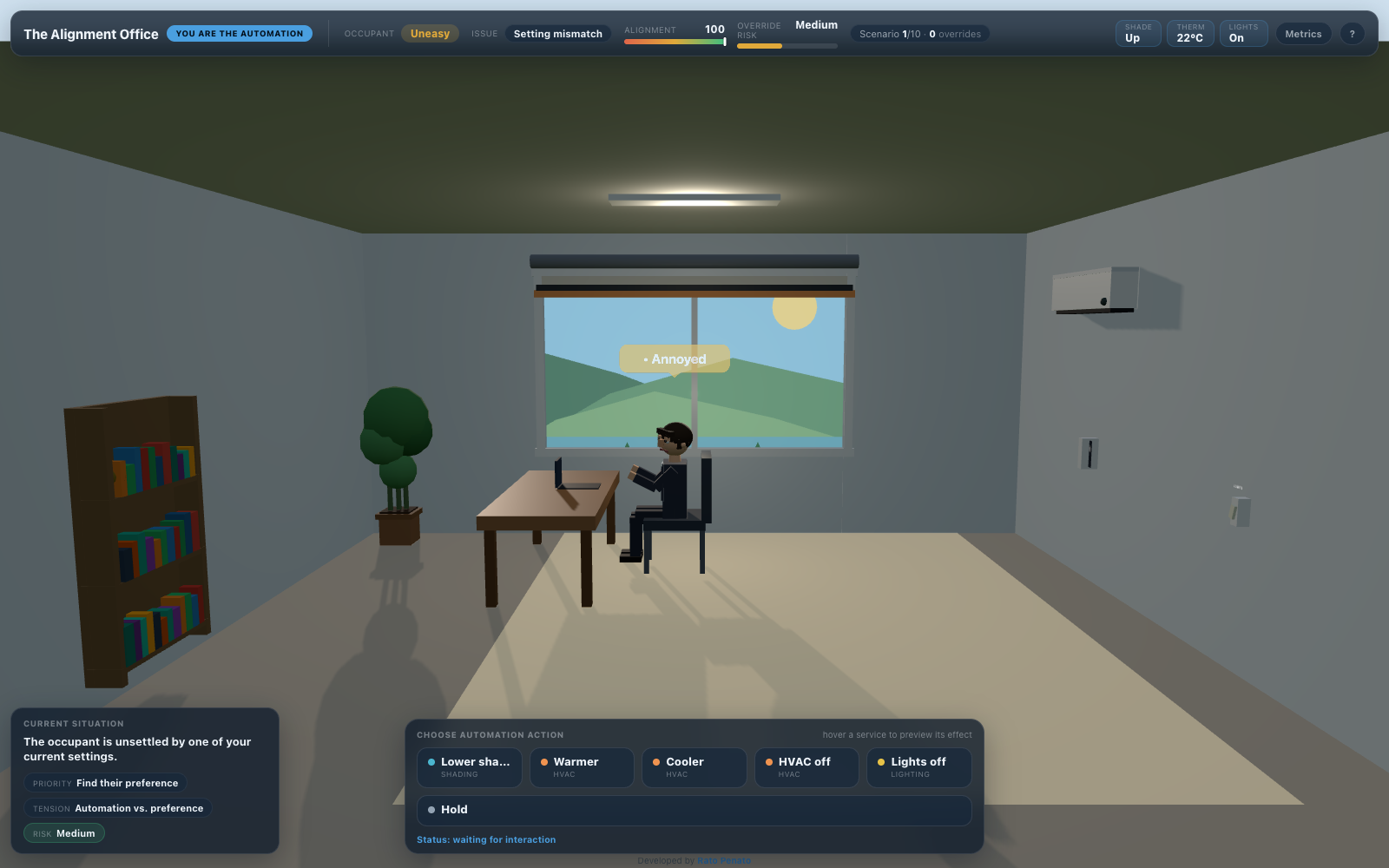 The Alignment Office: a 3D office with an occupant at a desk, overlaid with automation controls and an alignment score